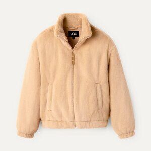 NWT UGG Tash Faux Fur Zip-Up Jacket Cozy Stand Collar Oolong Light Brown Size L
